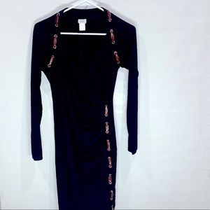 Cache black v-neck long sleeve dress with leather accents